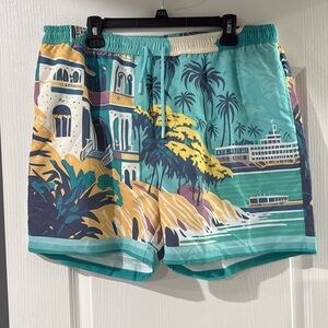 Boohoo Man Swim Trunks - Teal with Cruise ship and Villa‎ print 3XL
